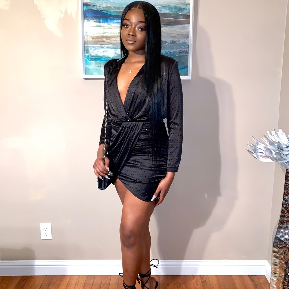 Black vneck studded dress